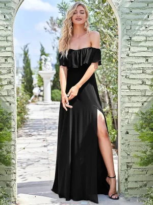Angelina off shoulder ball dress with split in black