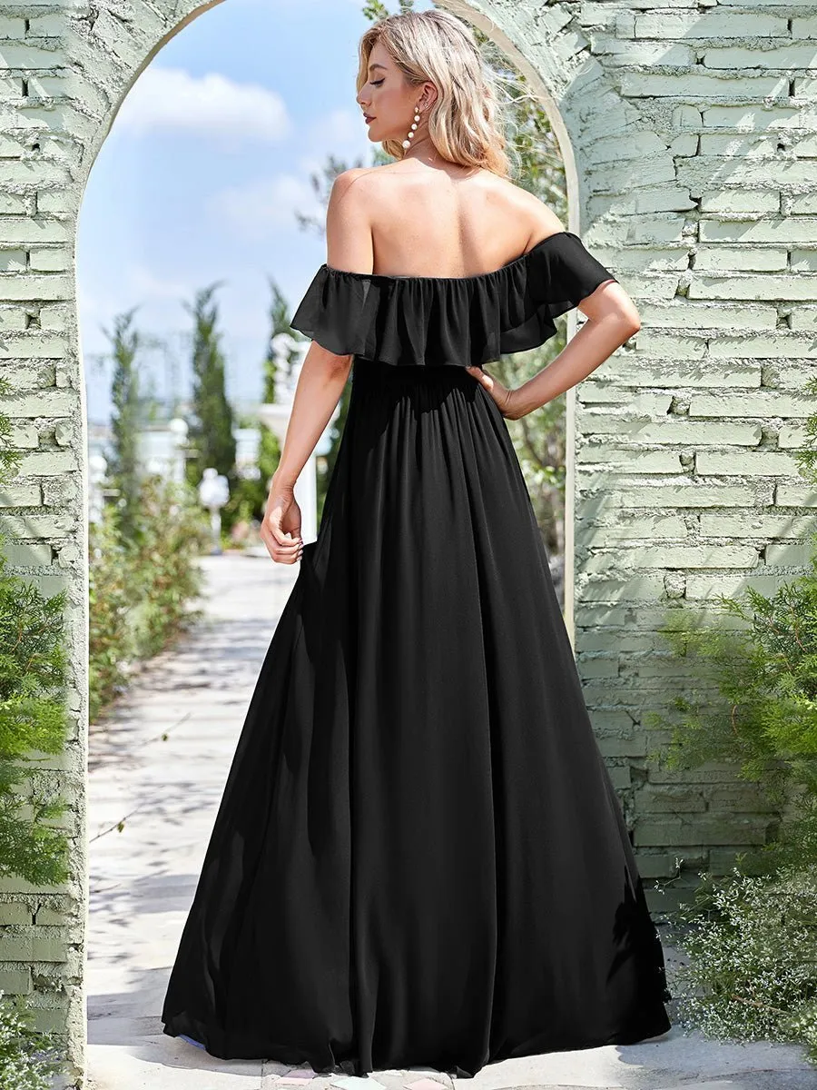 Angelina off shoulder ball dress with split in black