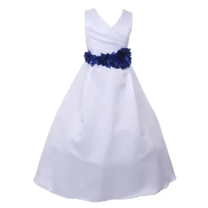 Big Girls White Royal Blue Flower Sash Full Bridal Junior Bridesmaid Dress 16