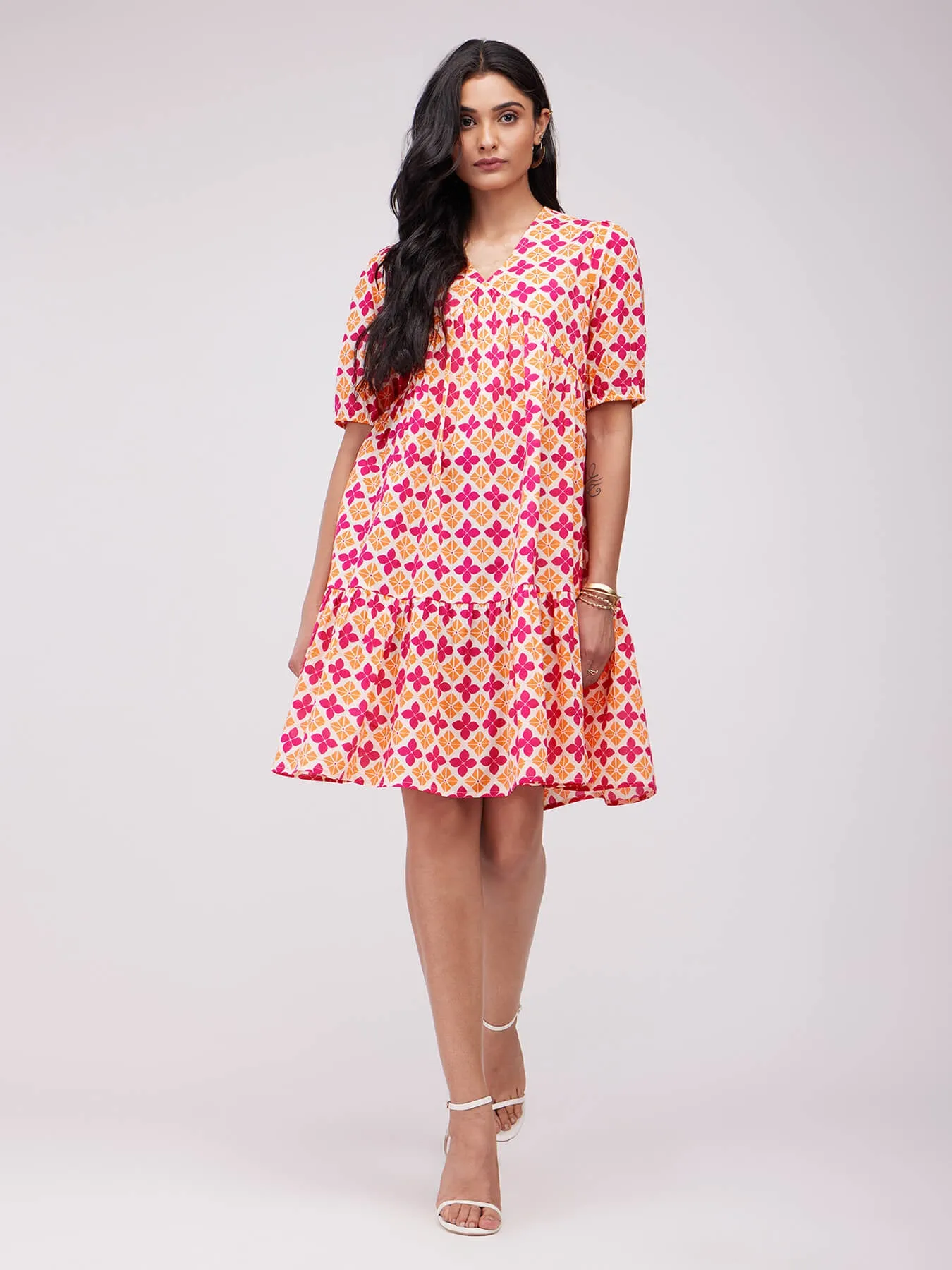 Cotton Floral Tiered Dress - Orange & Pink