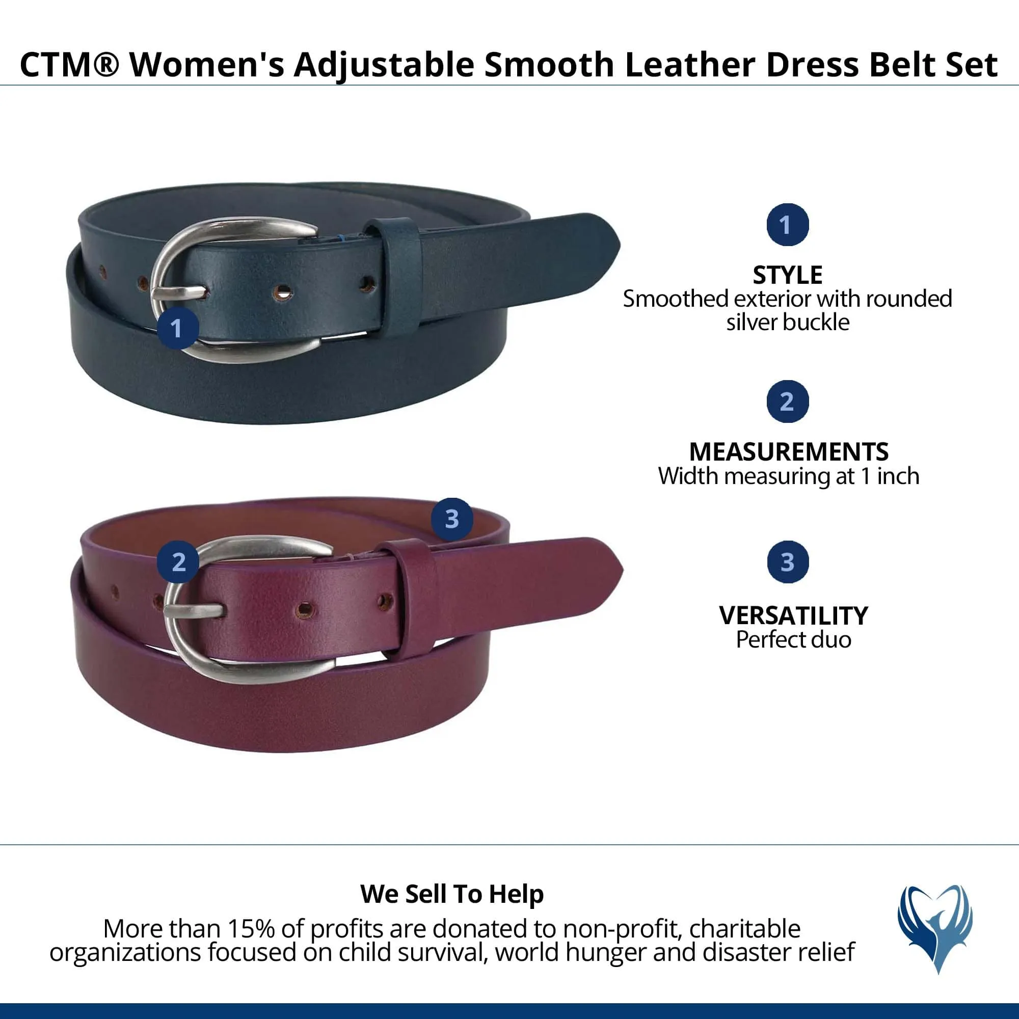 CTM® Women's Adjustable Smooth Leather Dress Belt Set