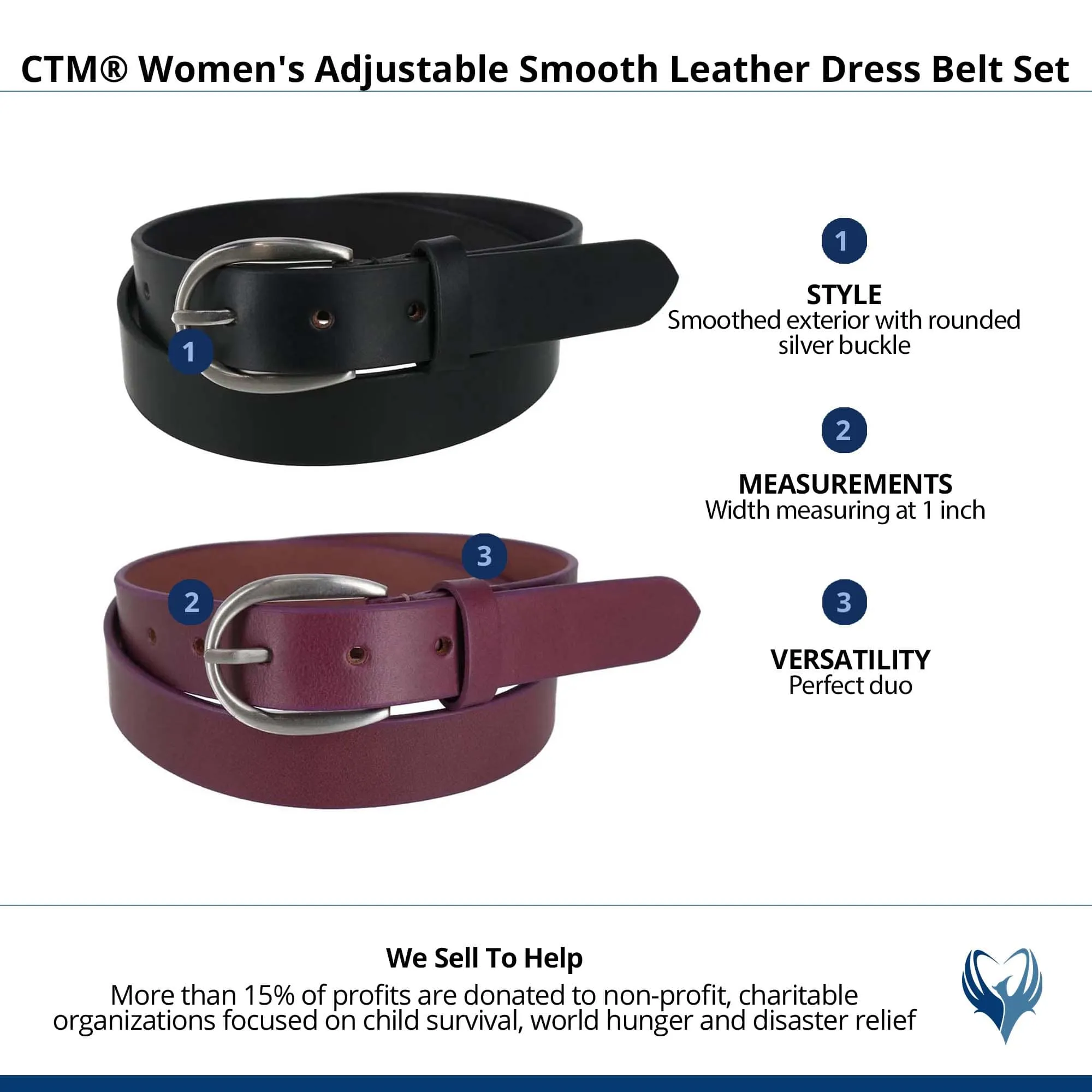 CTM® Women's Adjustable Smooth Leather Dress Belt Set