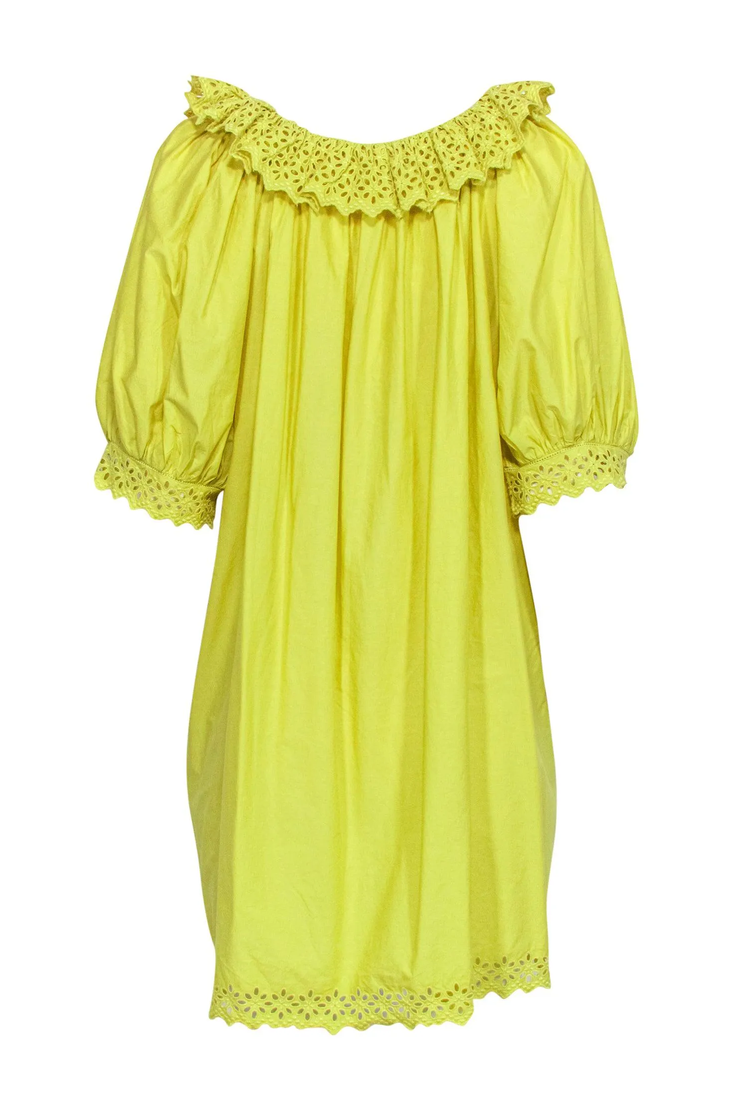 Doen - Green Cotton Babydoll Dress w/ Eyelet Trim & Puff Sleeves Sz XL