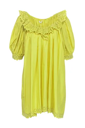 Doen - Green Cotton Babydoll Dress w/ Eyelet Trim & Puff Sleeves Sz XL