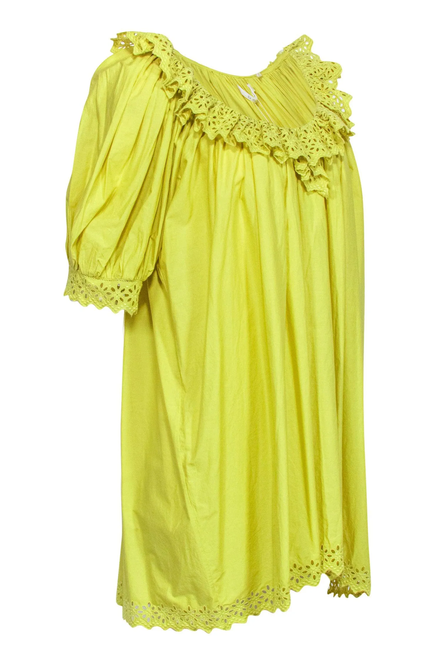 Doen - Green Cotton Babydoll Dress w/ Eyelet Trim & Puff Sleeves Sz XL