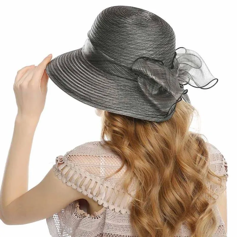 Elegant Big Bow Feather Flower Summer Khaki Color Yarn Church Fedoras Hats