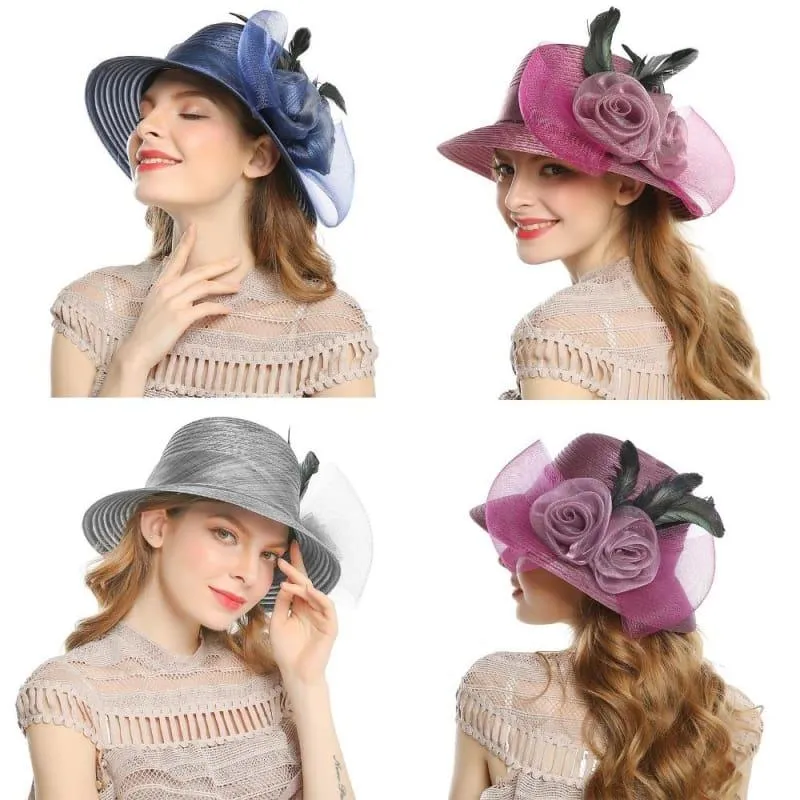 Elegant Big Bow Feather Flower Summer Khaki Color Yarn Church Fedoras Hats