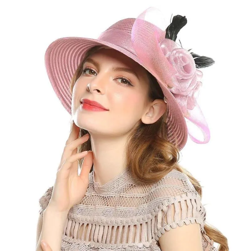 Elegant Big Bow Feather Flower Summer Khaki Color Yarn Church Fedoras Hats