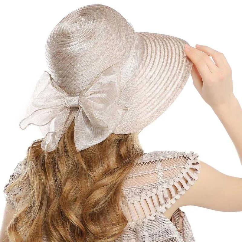 Elegant Big Bow Feather Flower Summer Khaki Color Yarn Church Fedoras Hats