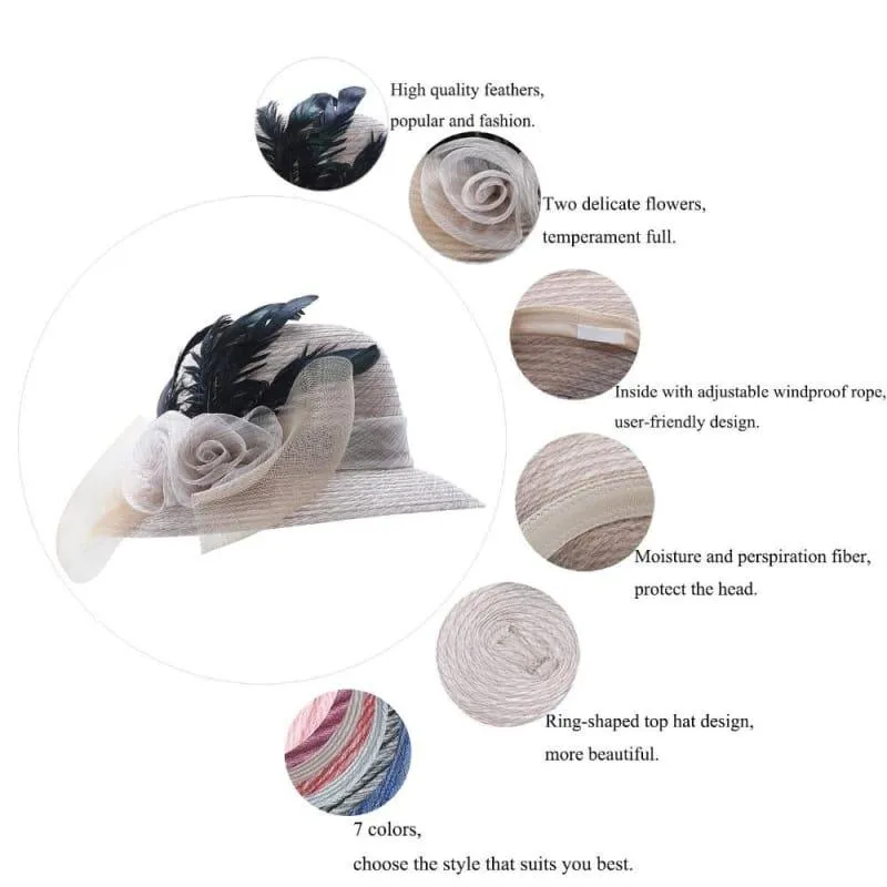 Elegant Big Bow Feather Flower Summer Khaki Color Yarn Church Fedoras Hats