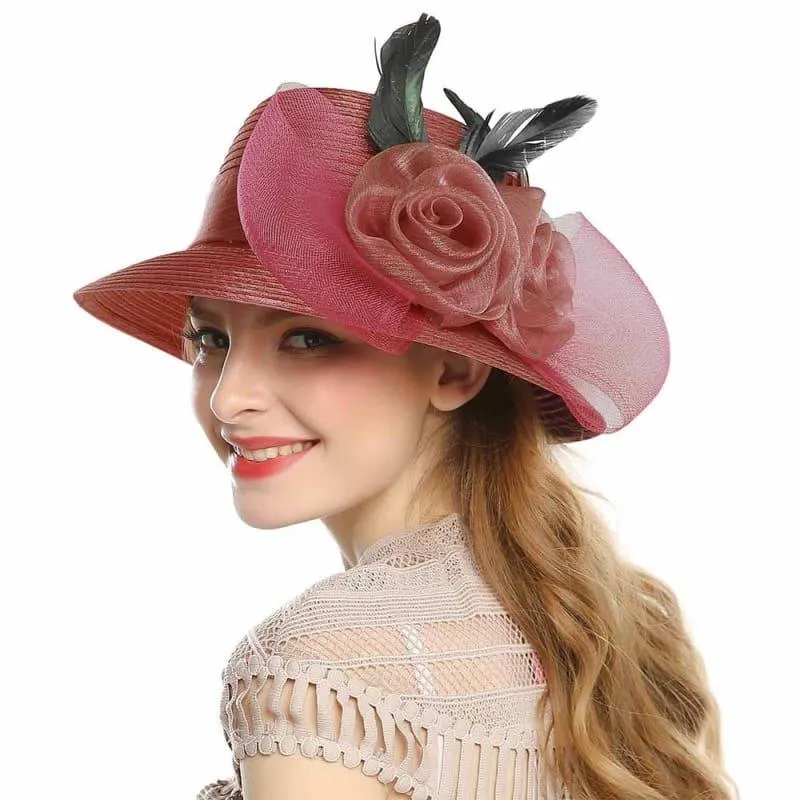 Elegant Big Bow Feather Flower Summer Khaki Color Yarn Church Fedoras Hats