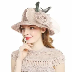 Elegant Big Bow Feather Flower Summer Khaki Color Yarn Church Fedoras Hats