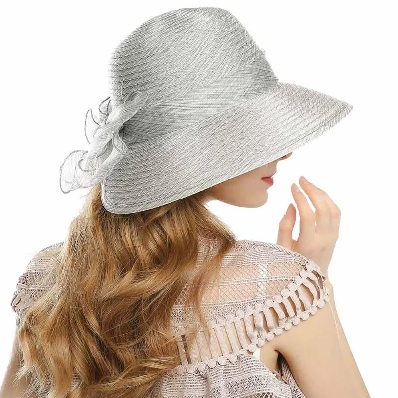 Elegant Big Bow Feather Flower Summer Khaki Color Yarn Church Fedoras Hats