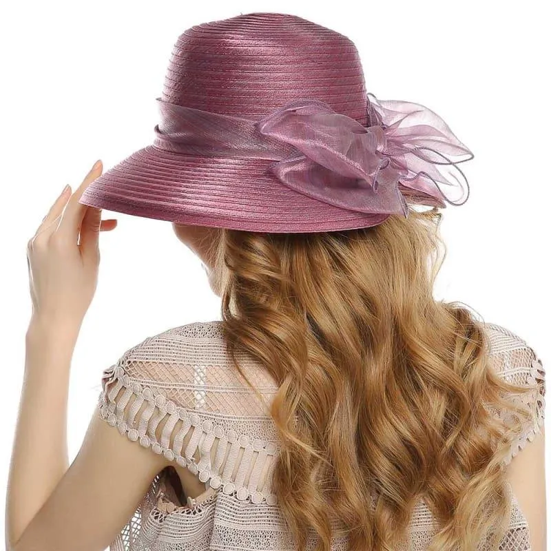 Elegant Big Bow Feather Flower Summer Khaki Color Yarn Church Fedoras Hats