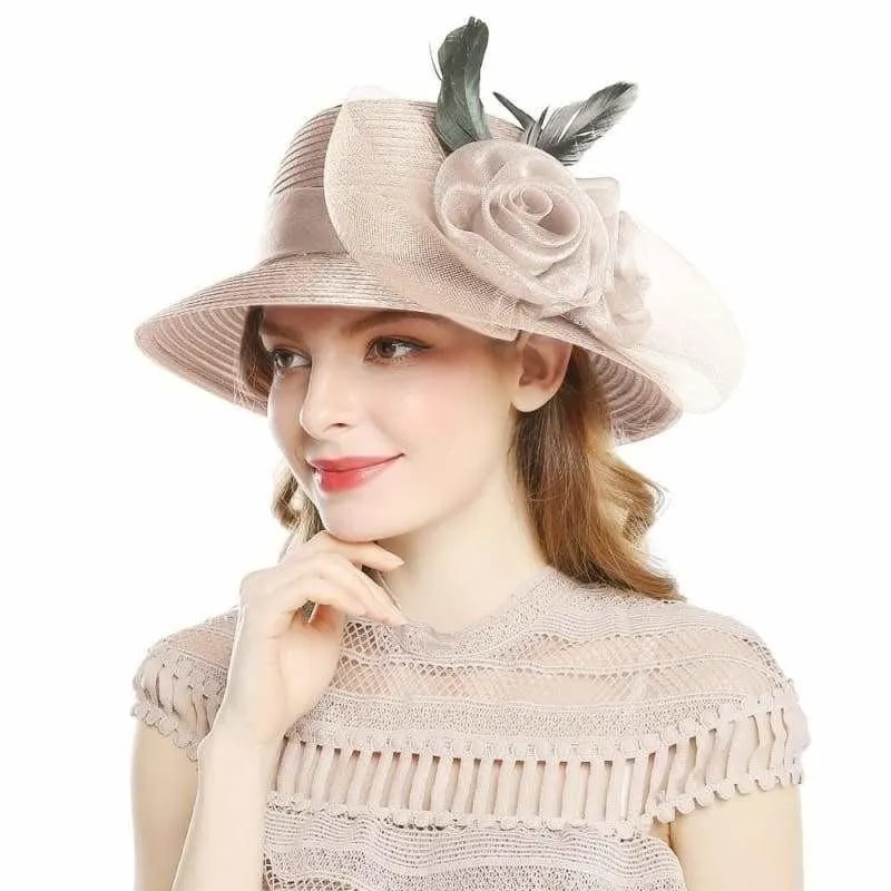 Elegant Big Bow Feather Flower Summer Khaki Color Yarn Church Fedoras Hats