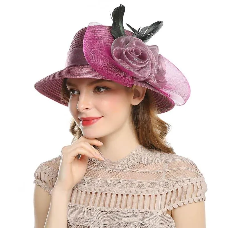 Elegant Big Bow Feather Flower Summer Khaki Color Yarn Church Fedoras Hats