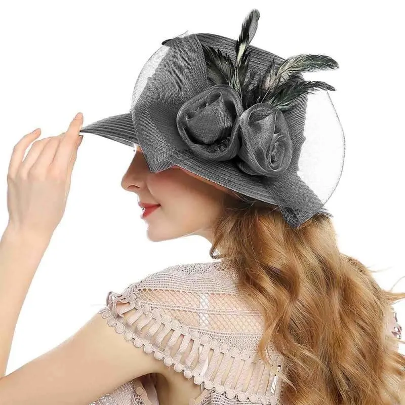 Elegant Big Bow Feather Flower Summer Khaki Color Yarn Church Fedoras Hats