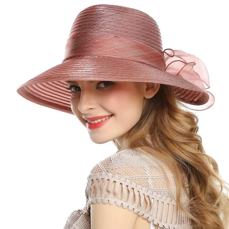 Elegant Big Bow Feather Flower Summer Khaki Color Yarn Church Fedoras Hats