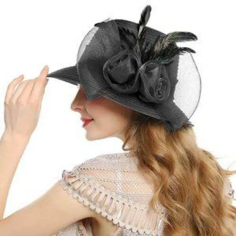 Elegant Big Bow Feather Flower Summer Khaki Color Yarn Church Fedoras Hats