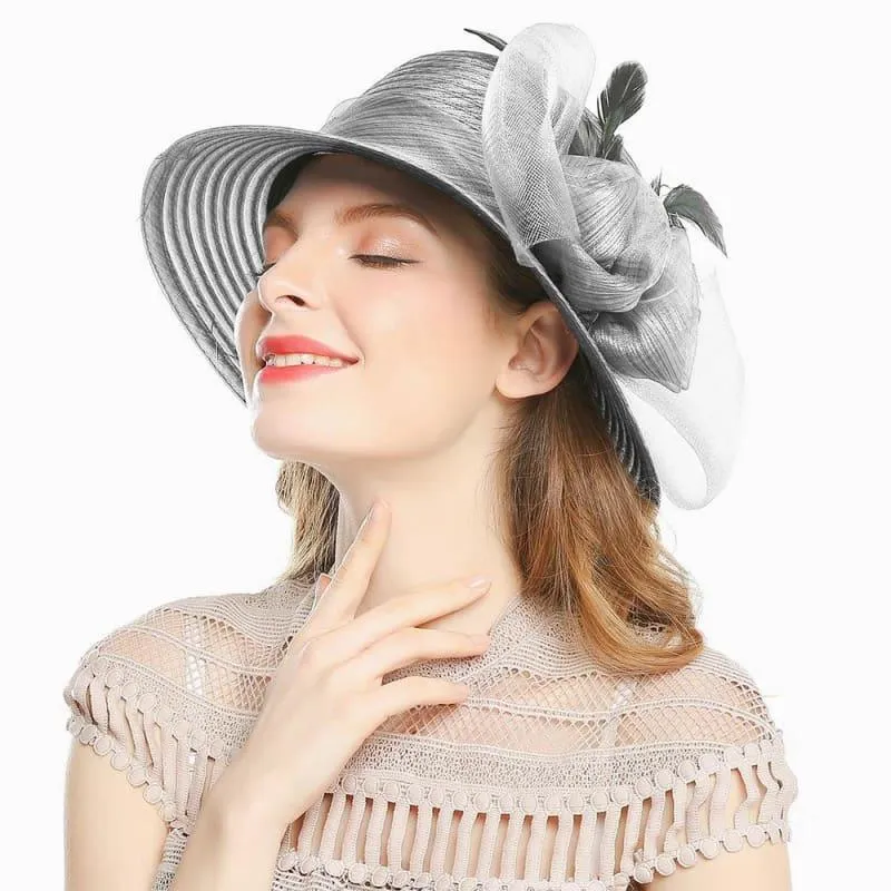 Elegant Big Bow Feather Flower Summer Khaki Color Yarn Church Fedoras Hats