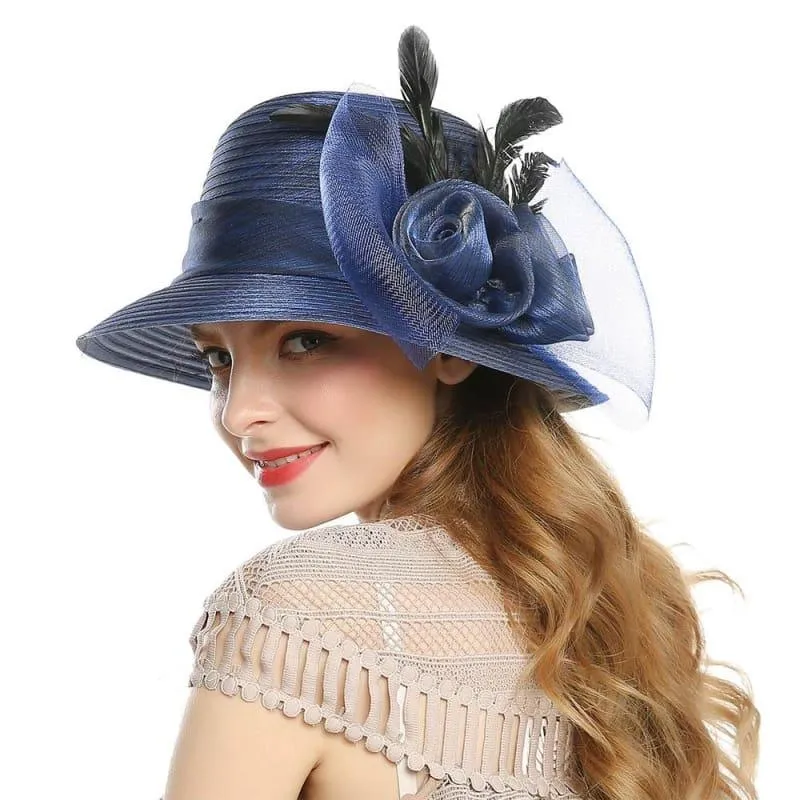 Elegant Big Bow Feather Flower Summer Khaki Color Yarn Church Fedoras Hats