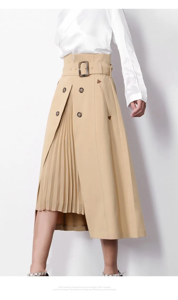 Elegant Khaki Midi High Waist Knee Length Skirt