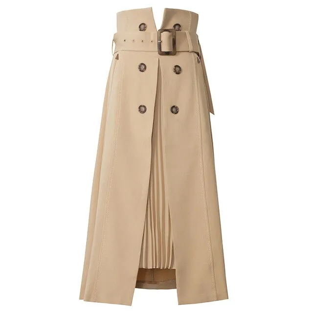 Elegant Khaki Midi High Waist Knee Length Skirt