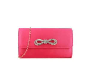 Fuchsia Pink Satin Crystal Bow Clutch Bag