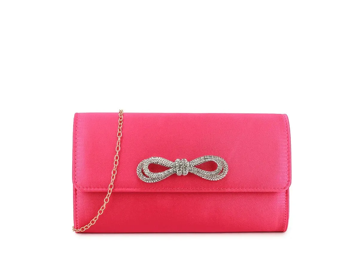 Fuchsia Pink Satin Crystal Bow Clutch Bag