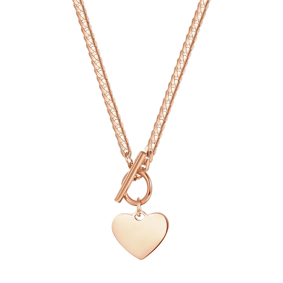 Heart Charm T-Bar Chain Necklace Rose Gold