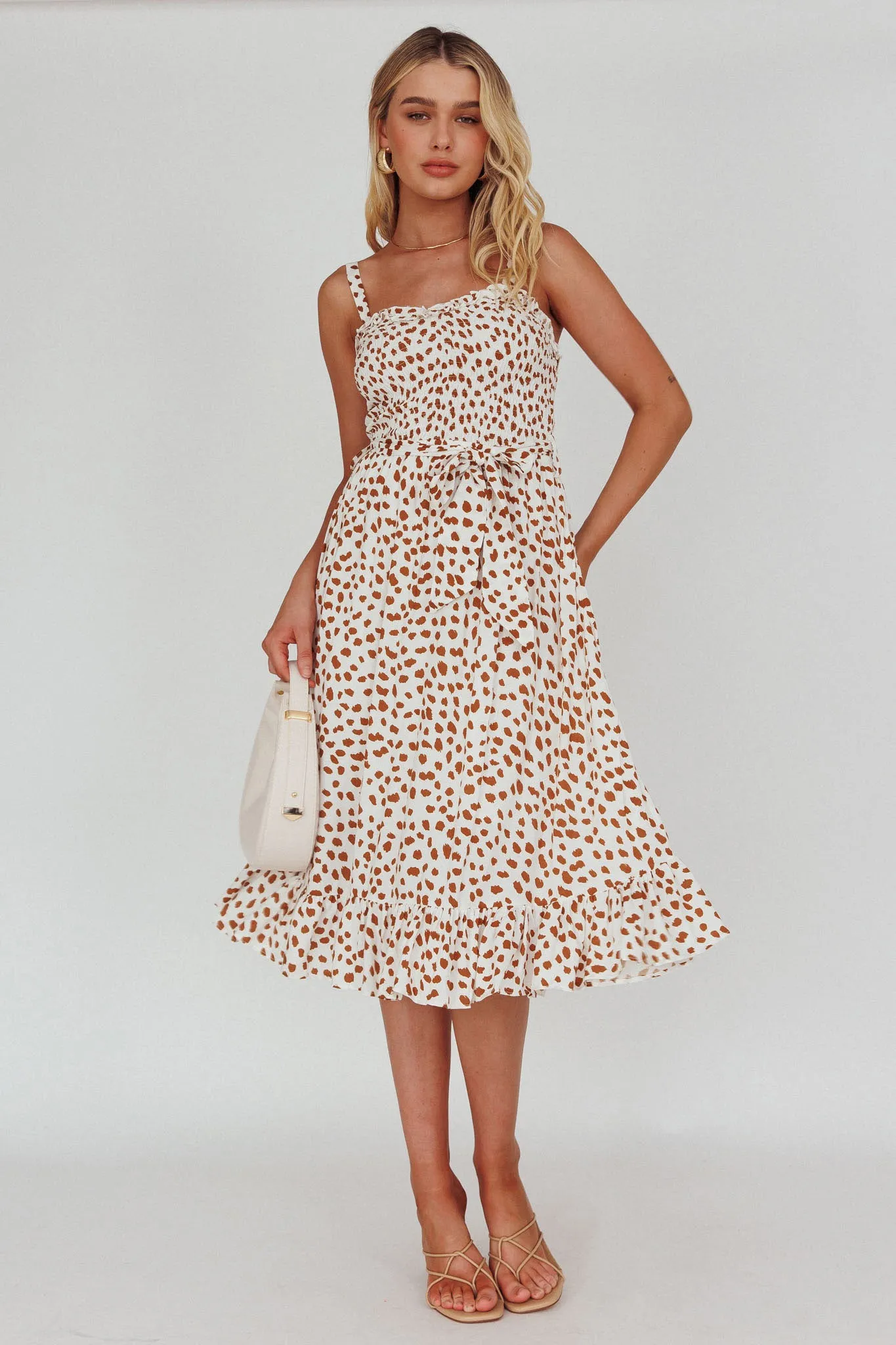 Honey Shirred Frill Midi Dress White/Brown