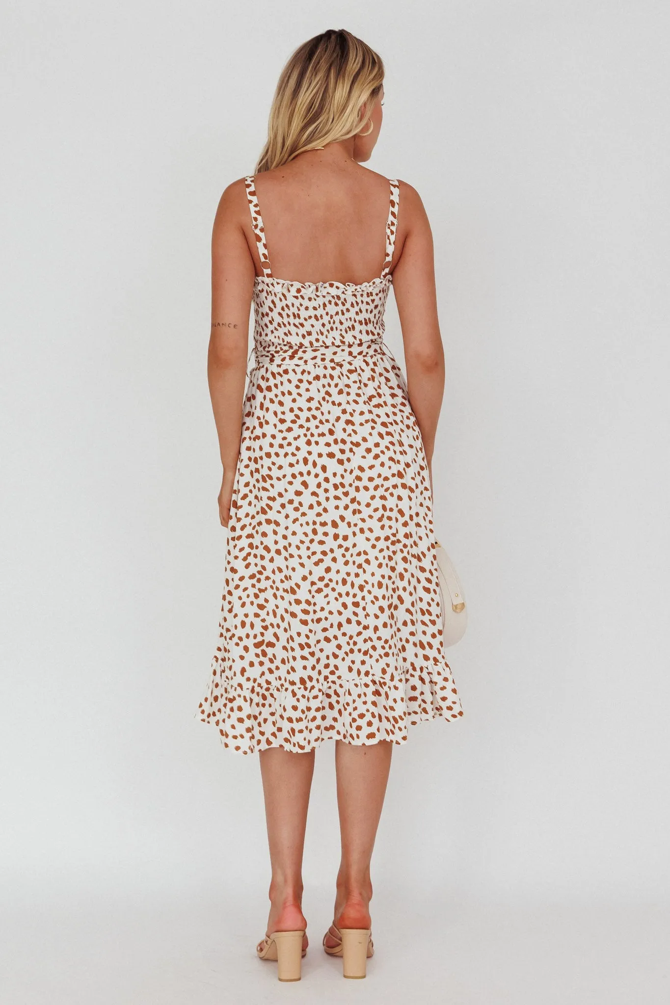 Honey Shirred Frill Midi Dress White/Brown