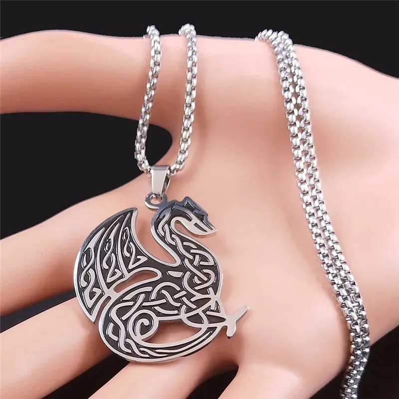 Irish Knot Dragon Stainless Steel Statement Necklaces Men Silver Color Necklaces