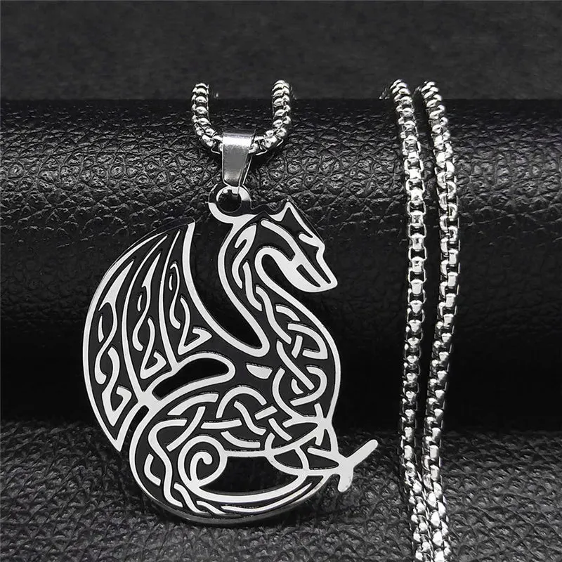 Irish Knot Dragon Stainless Steel Statement Necklaces Men Silver Color Necklaces