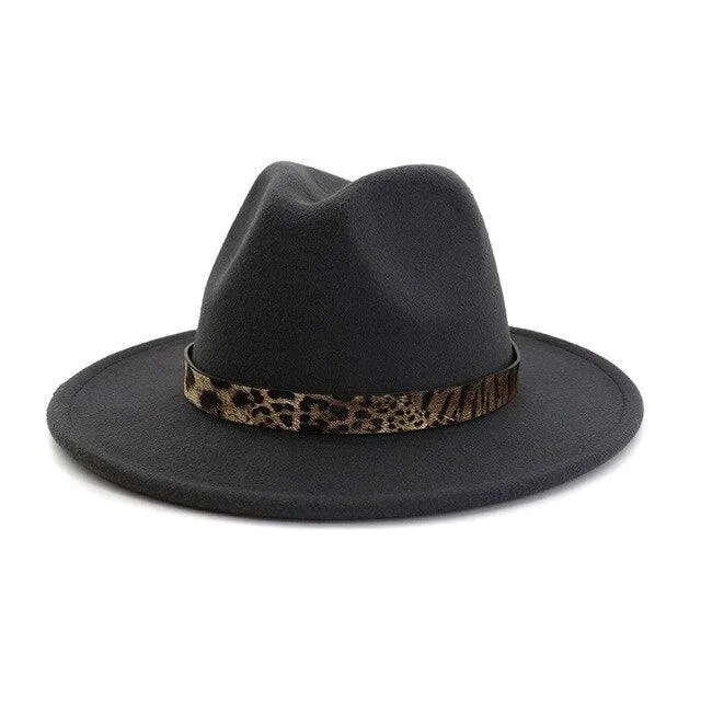 Leopard Grain Felt Wide Brim Plain Felted Woolen  Fedora Hat