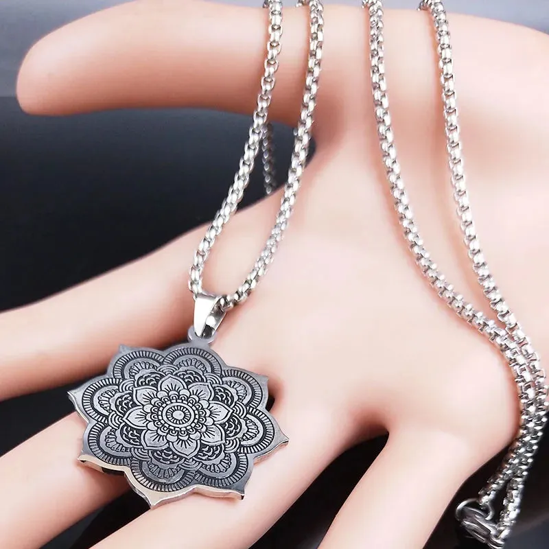 Mandala Flower of Life Stainless Steel Datura Stramonium Necklace for Women