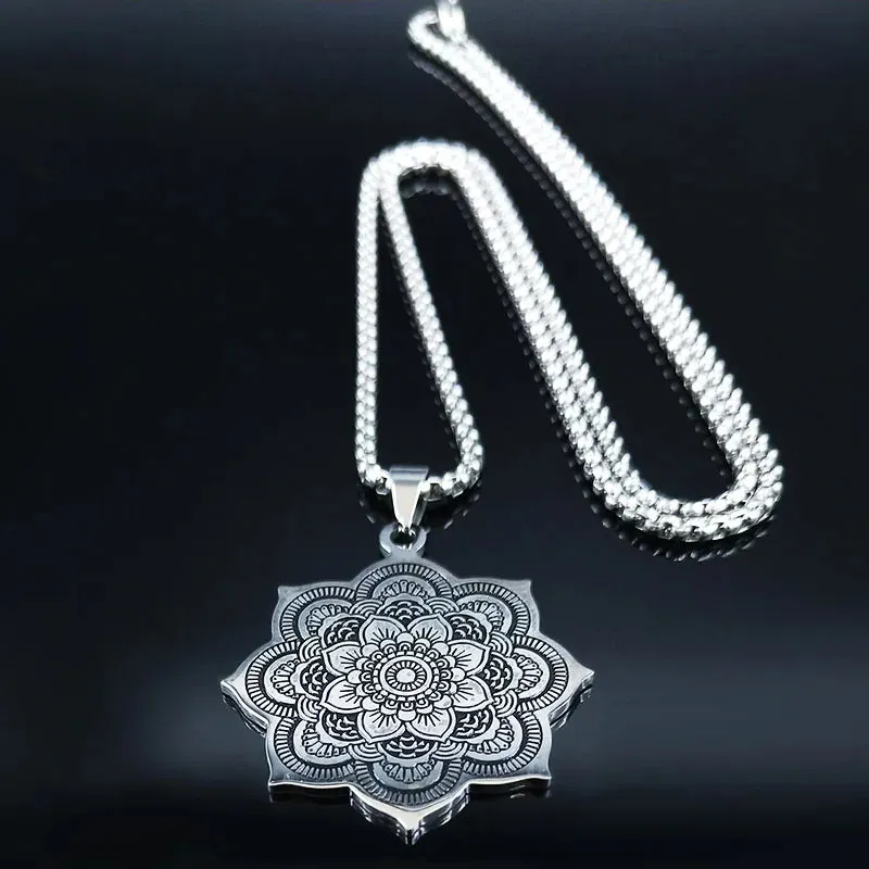 Mandala Flower of Life Stainless Steel Datura Stramonium Necklace for Women