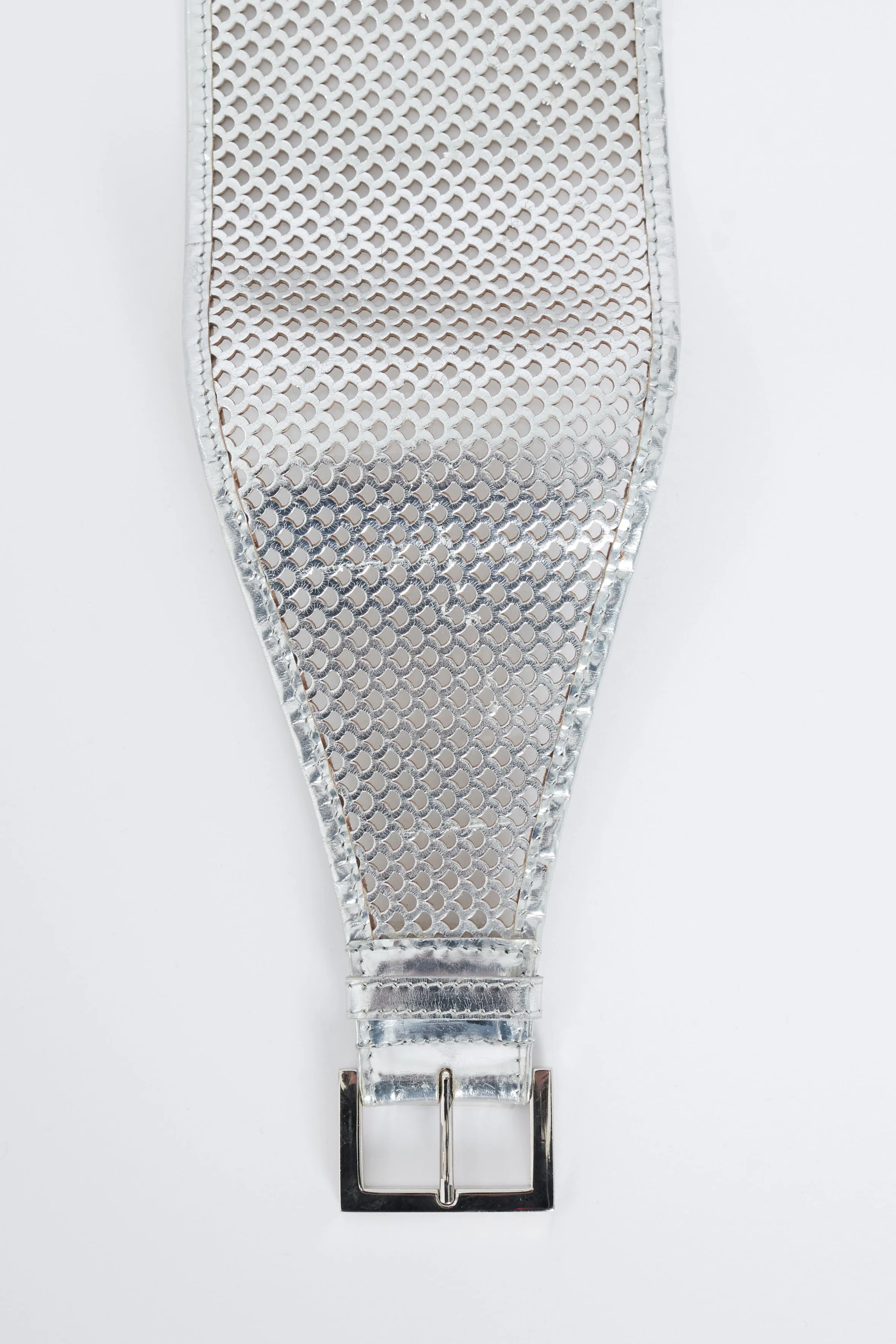 Metallic Silver Perforated Leather Waist Belt