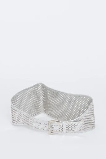 Metallic Silver Perforated Leather Waist Belt