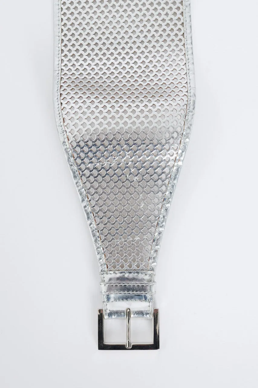 Metallic Silver Perforated Leather Waist Belt