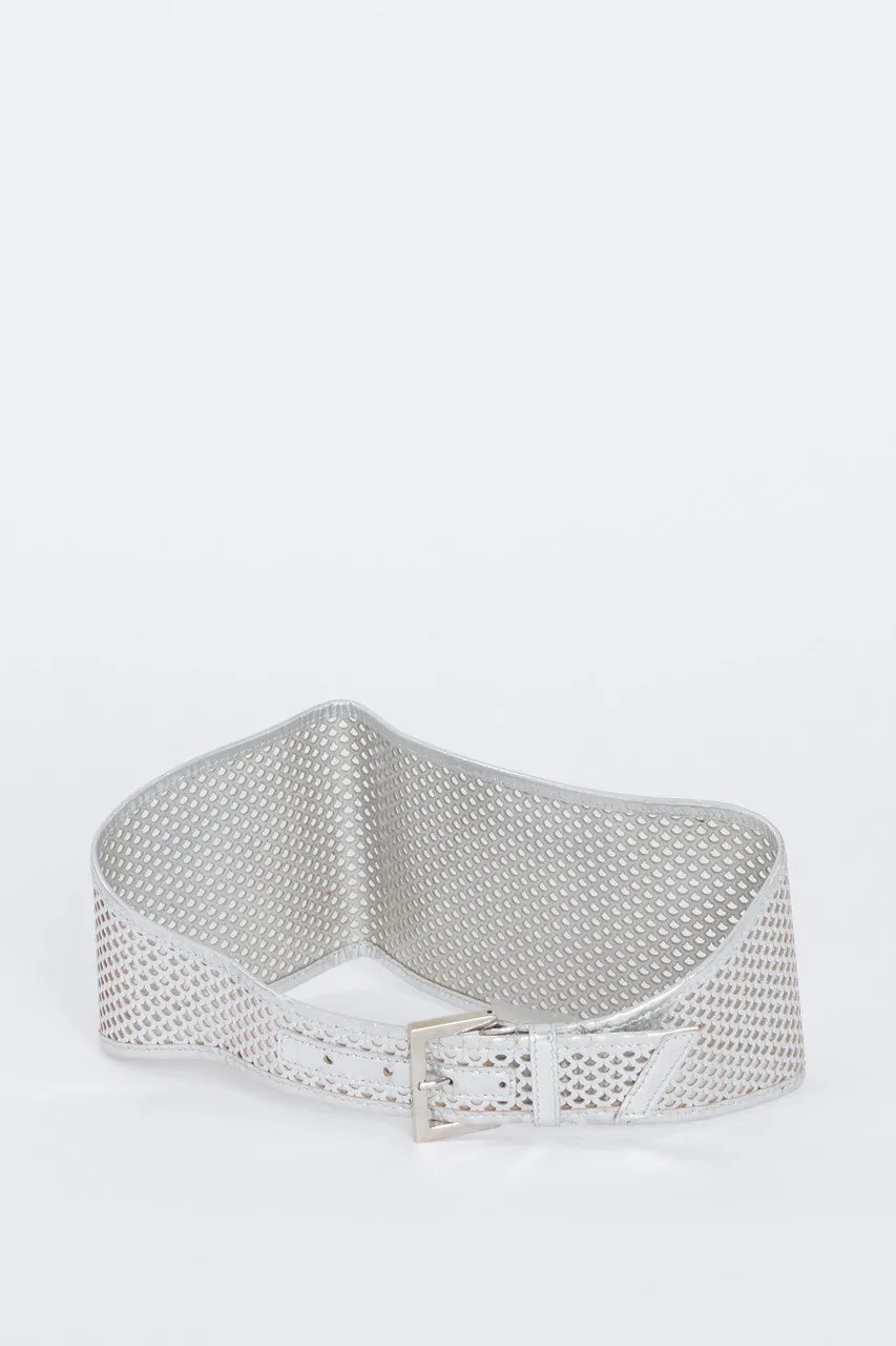 Metallic Silver Perforated Leather Waist Belt