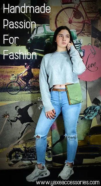 Mint belt bag from leather and wood