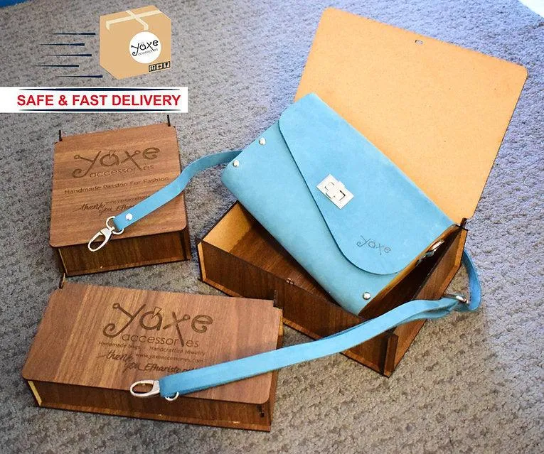 Mint belt bag from leather and wood