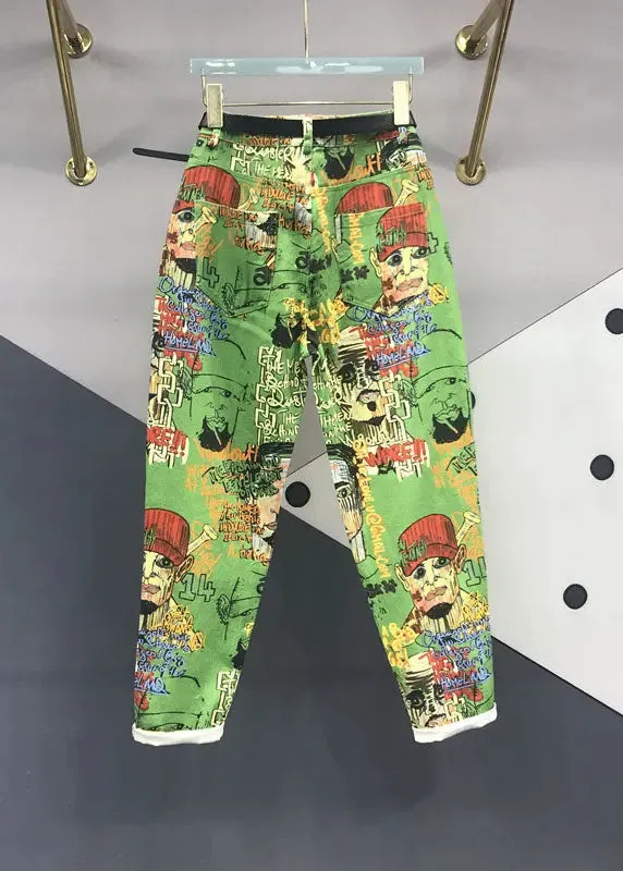 Natural Green Print High Waist Sashes Harem Jeans ML0806