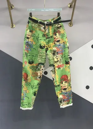 Natural Green Print High Waist Sashes Harem Jeans ML0806