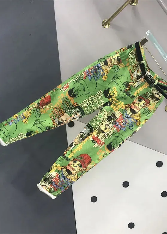 Natural Green Print High Waist Sashes Harem Jeans ML0806