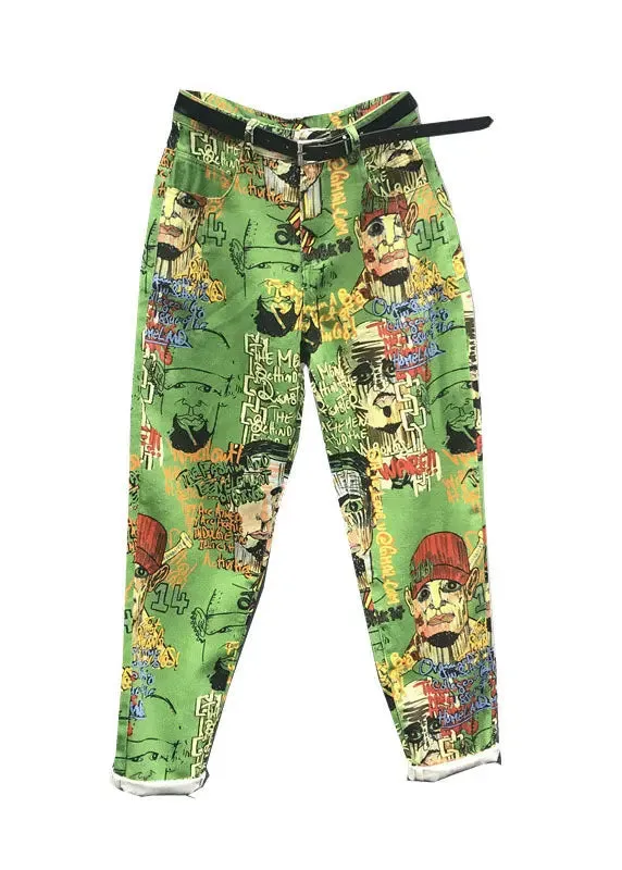 Natural Green Print High Waist Sashes Harem Jeans ML0806