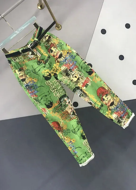 Natural Green Print High Waist Sashes Harem Jeans ML0806