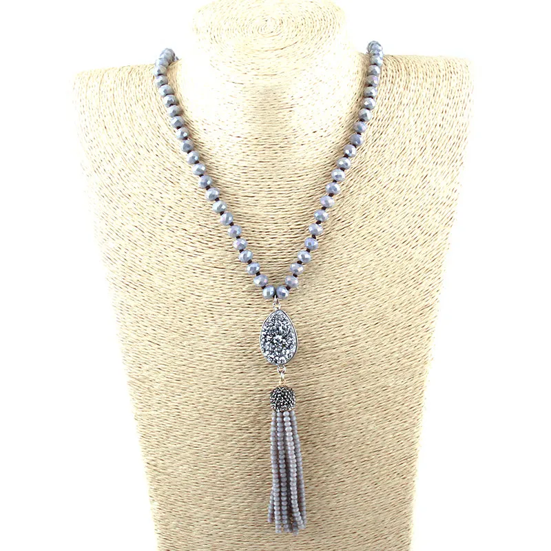 Natural Stone Crystal Knotted Druzy Long Tassel Necklace