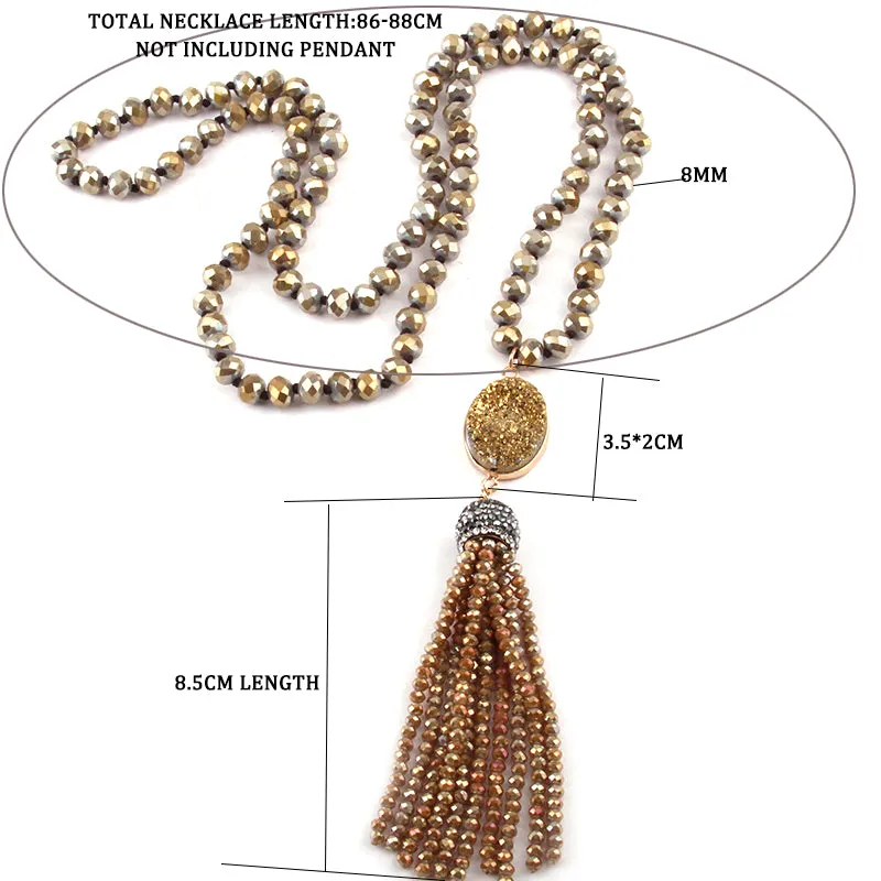 Natural Stone Crystal Knotted Druzy Long Tassel Necklace
